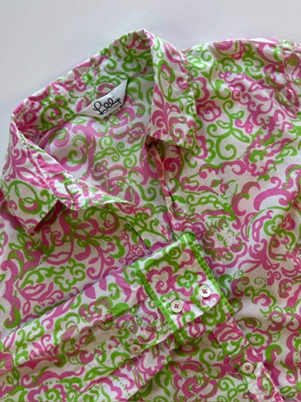 Lilly Pulitzer Vintage White Label Long Sleeve Women M Shirt Pink Green Floral
